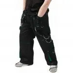 Gothic Mens Handmade Green Thread Rocker Bondage 4 Pocket Trouser Punk Rock Black Green Stitch Pant Unisex