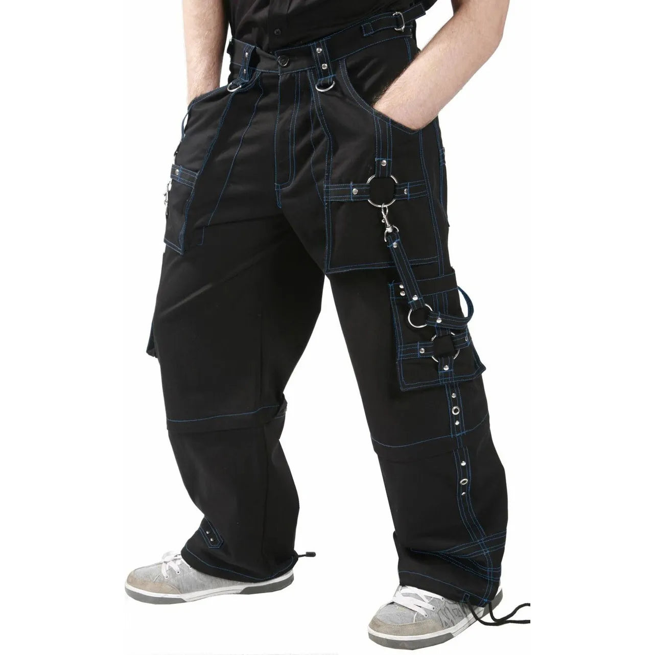 Prime Quality Gothic Men Handmade Bondage 4 Pocket Trouser Punk Rock Black with Blue Stitch Pant Unisex