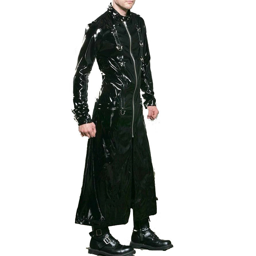 Black Vinyl PVC Fetish Gothic Spike Stud Long Gothic Cosplay Trench Coat Hell Raiser