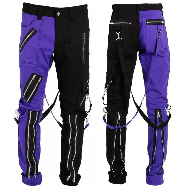 Gothic Bondage Men Pant Alternative Punk Rock Split Leg Purple/Black Emo Trouser Pant Unisex