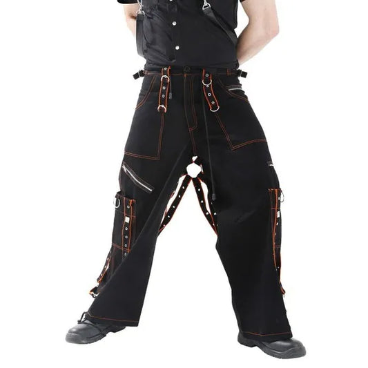 Gothic Mens Orange Black Pant Cotton Trousers Studs Metal Punk Pant Unisex