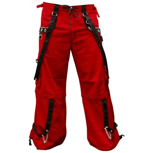 Gothic Men’s Gothic Handmade Red Trouser Red Threads Black Straps Punk Rock Metal Chain Cyber Unisex