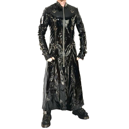 Black Vinyl PVC Fetish Gothic Spike Stud Long Gothic Cosplay Trench Coat Hell Raiser