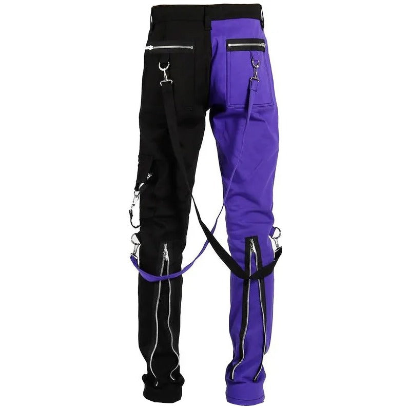 Gothic Bondage Men Pant Alternative Punk Rock Split Leg Purple/Black Emo Trouser Pant Unisex