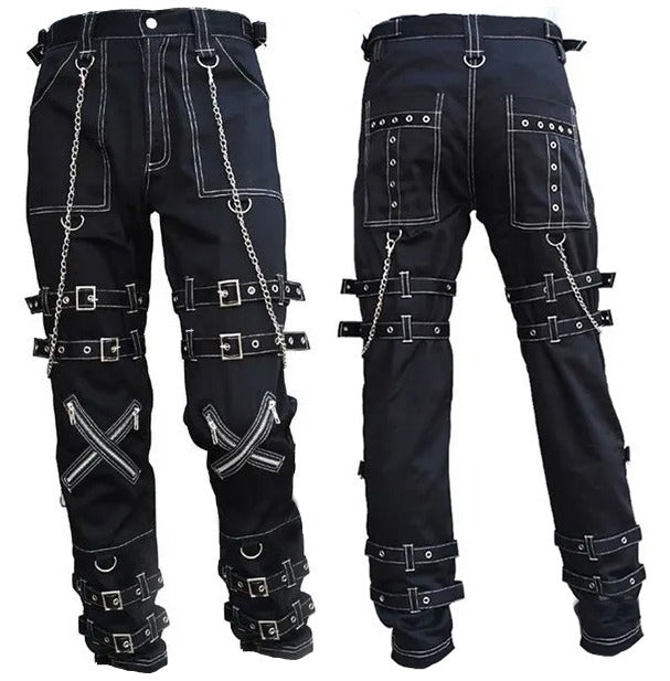 Prime Quality Handmade Gothic Pant White Threads Buckles Zips Chains Straps Cyber Punk Trousers Pants Unisex