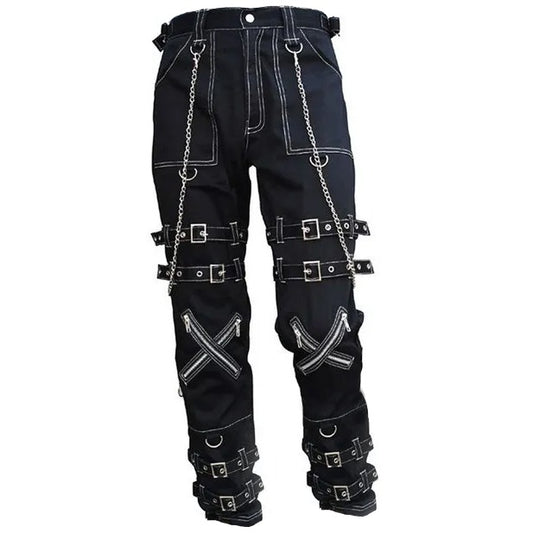 Prime Quality Handmade Gothic Pant White Threads Buckles Zips Chains Straps Cyber Punk Trousers Pants Unisex