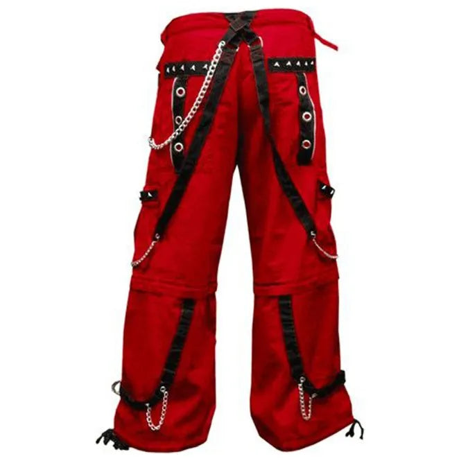 Gothic Men’s Gothic Handmade Red Trouser Red Threads Black Straps Punk Rock Metal Chain Cyber Unisex