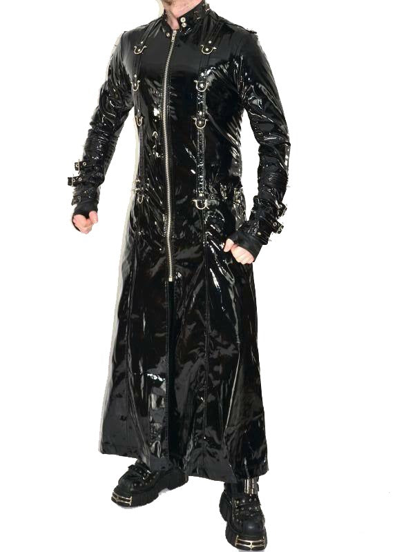 Black Vinyl PVC Fetish Gothic Spike Stud Long Gothic Cosplay Trench Coat Hell Raiser