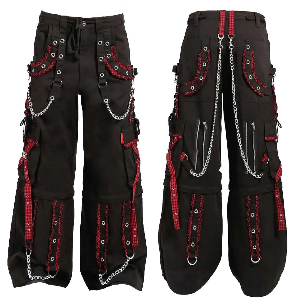 EXTREME BONDAGE GOTHIC PUNK ROCKER CYBER GOTH RED & BLACK STEAMPUNK BIKER PANTS