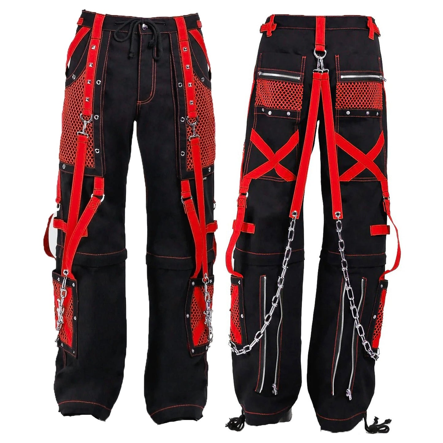 Black Red Jeans Extreme Bondage Rocker Cyber Goth Steampunk Pant Trip Unisex