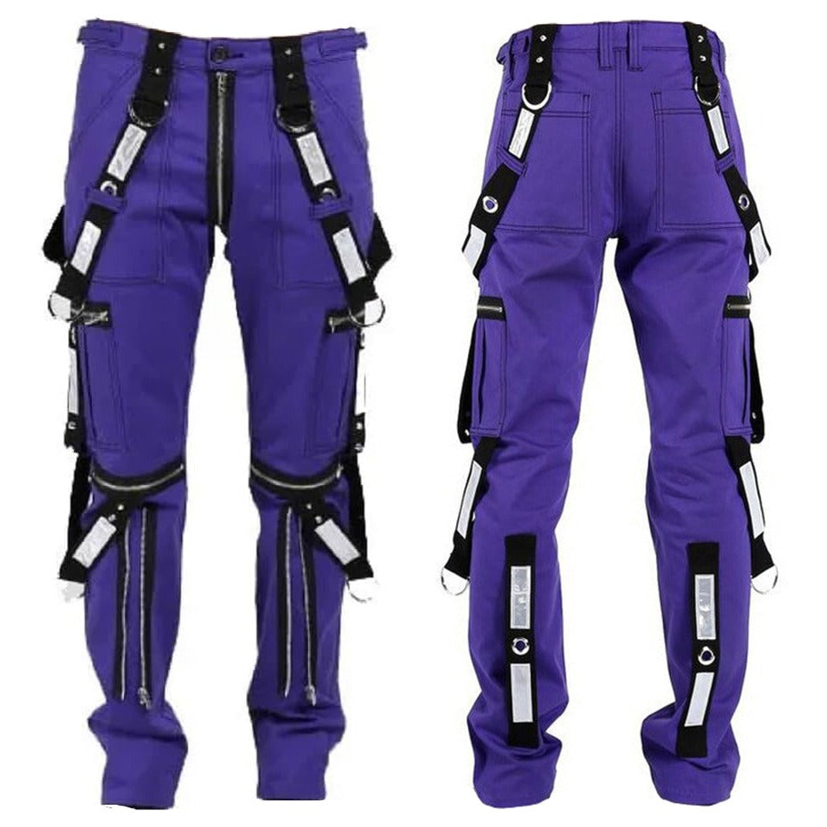 Men Gothic Bondage Reflective Men Pant Alternative Punk Rock Emo Pant Electric Pants Purple Unisex