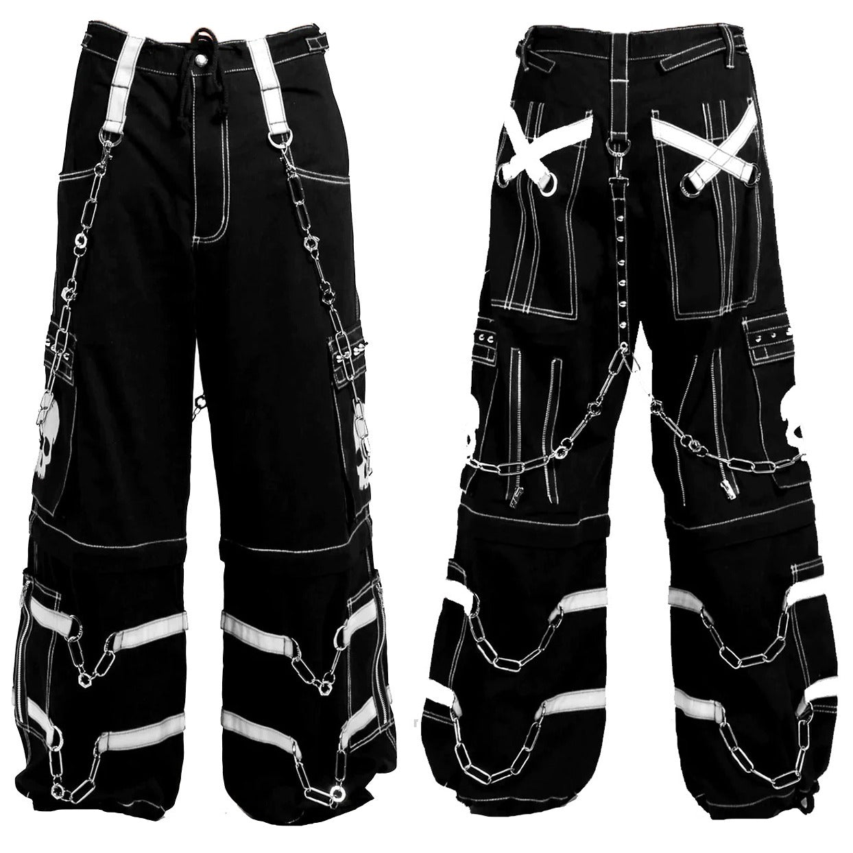 Gothic Bondage Black Skull Zip Off Pants Black & Amp White Alternative Punk Rock Emo Trouser Pant Unisex