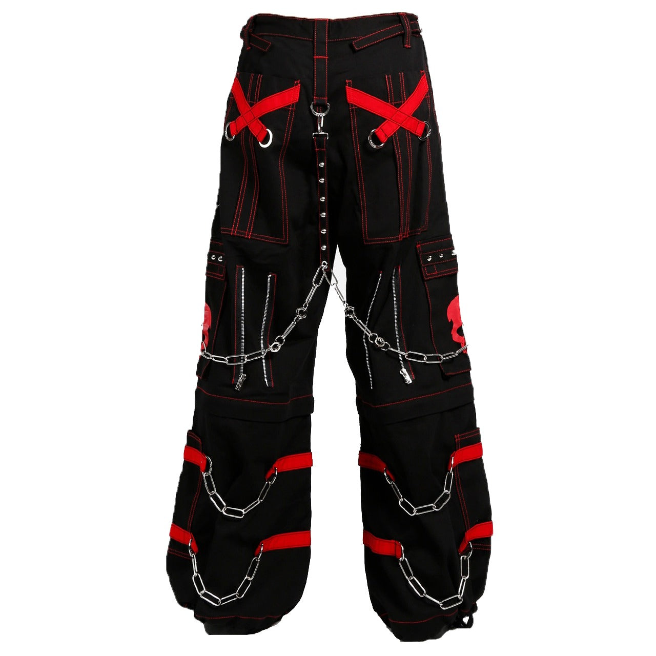 Gothic Bondage Black Skull Zip Off Pants Black & Amp Red Alternative Punk Rock Emo Trouser Pant Unisex