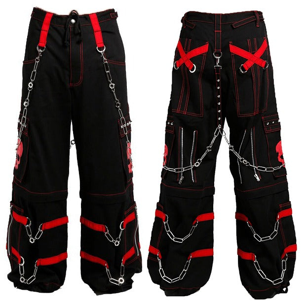 Gothic Bondage Black Skull Zip Off Pants Black & Amp Red Alternative Punk Rock Emo Trouser Pant Unisex