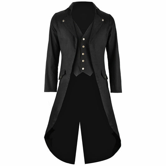 Men’s Black Cotton Twill Steampunk Tailcoat Brass Button Jacket Goth Victorian Coat Trench