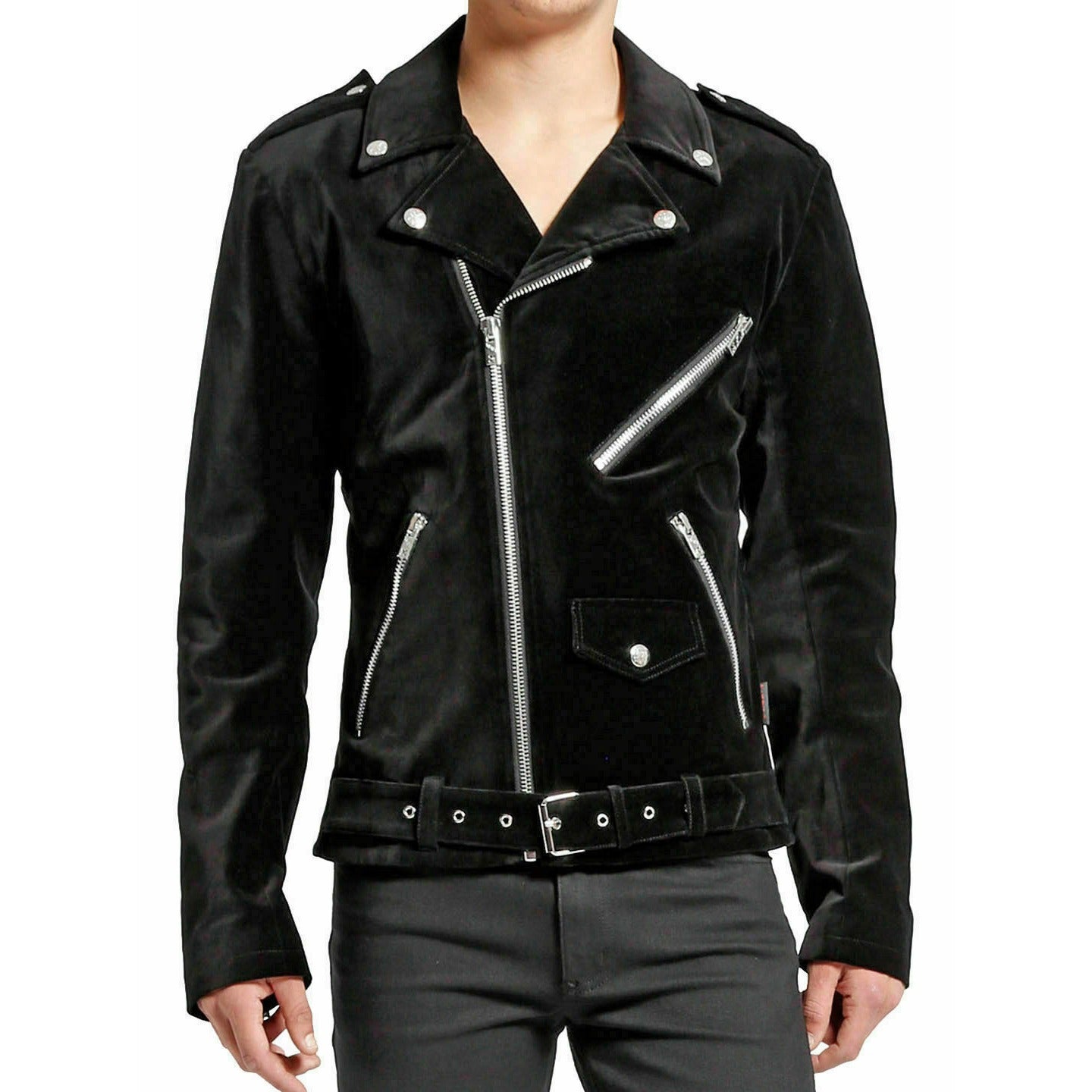 Gothic Moto Black Velvet Motorcycle Jacket Punk Fetish EMO Biker Jacket