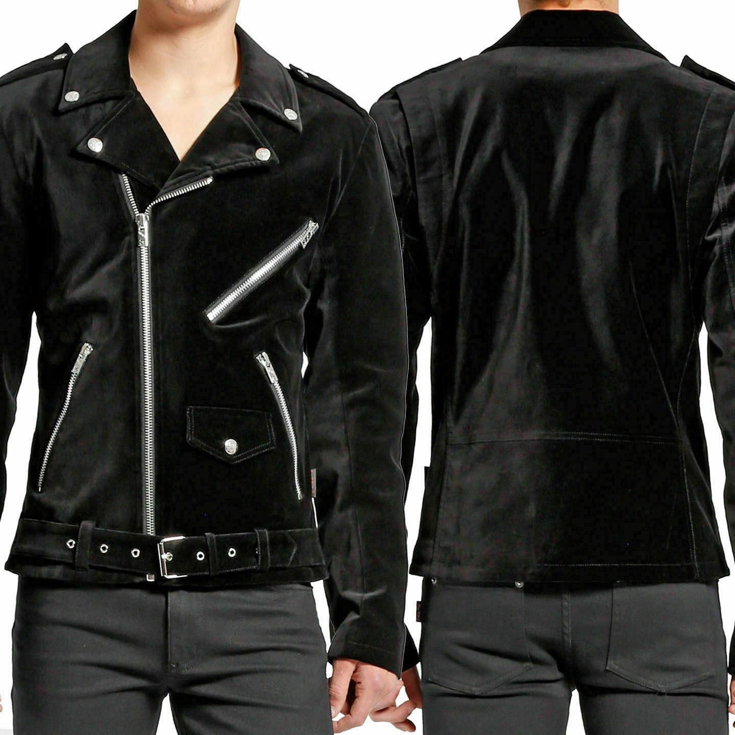 Gothic Moto Black Velvet Motorcycle Jacket Punk Fetish EMO Biker Jacket