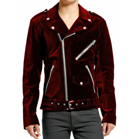 Gothic Motor Bike RED Velvet Motorcycle Jacket Punk Fetish EMO Biker Jacket