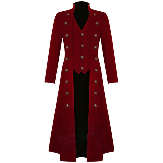 Men’s Red Cotton Twill Steampunk Jacket Goth Victorian Military Style Trench Coat