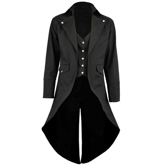 Men’s Black Cotton Twill Steampunk Tailcoat Silver Button Jacket Goth Victorian Coat