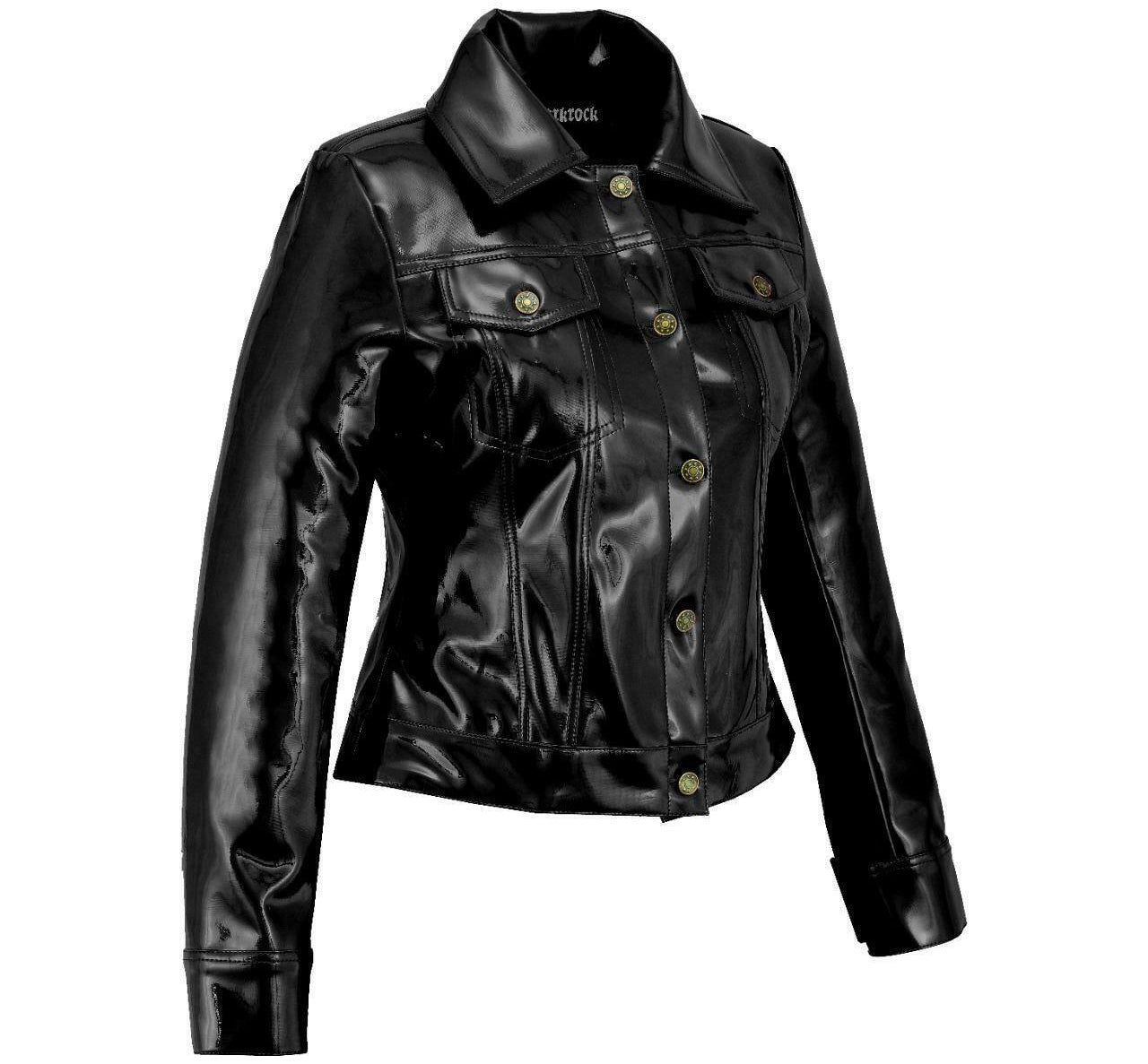 Vinyl Trucker Jacket Black PVC Women’s Shiny PVC Vinyl Jacket