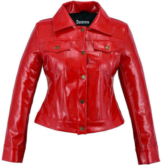 Vinyl Trucker Jacket Red PVC Women’s Shiny PVC Vinyl Jacket