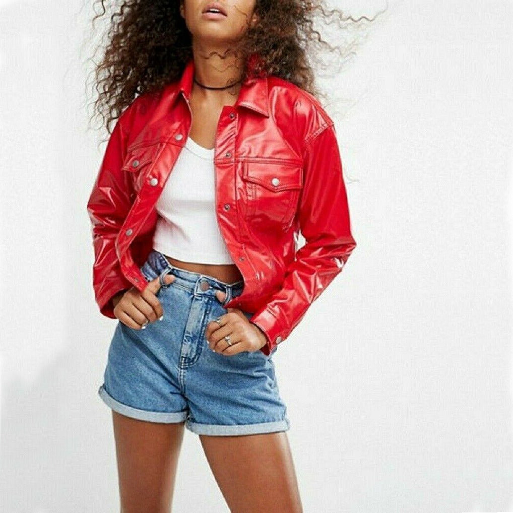 Vinyl Trucker Jacket Red PVC Women’s Shiny PVC Vinyl Jacket