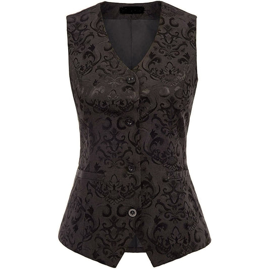 Women’s Black Brocade Waistcoat Vest Vintage Steampunk Dress Jacquard Jacket