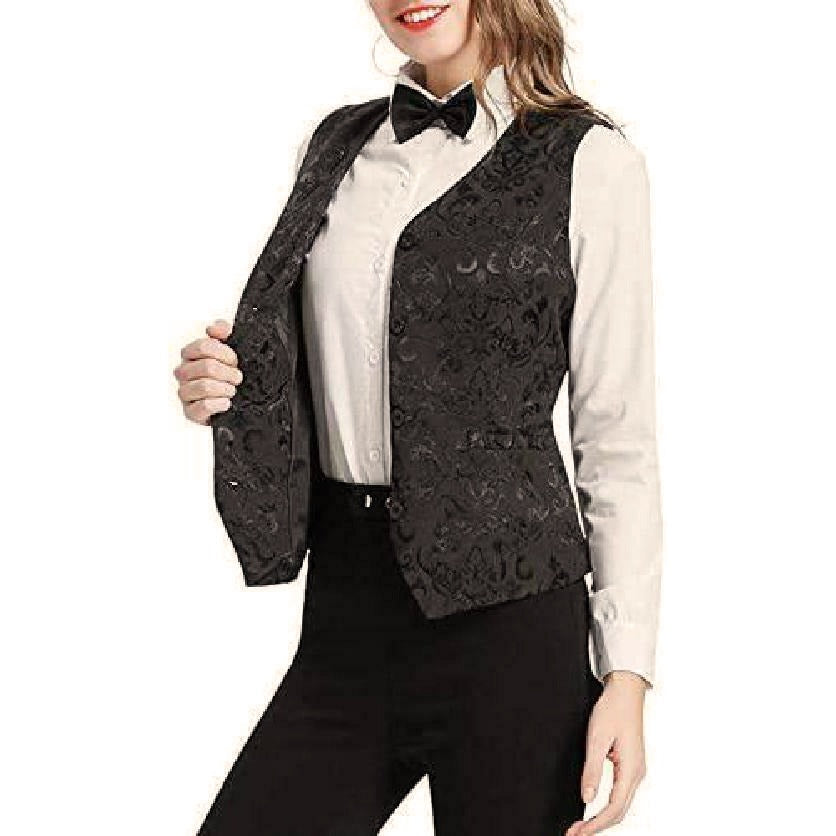 Women’s Black Brocade Waistcoat Vest Vintage Steampunk Dress Jacquard Jacket