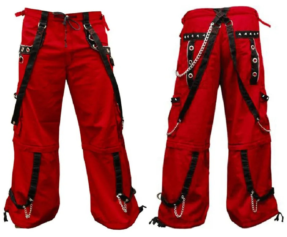 Gothic Men’s Gothic Handmade Red Trouser Red Threads Black Straps Punk Rock Metal Chain Cyber Unisex