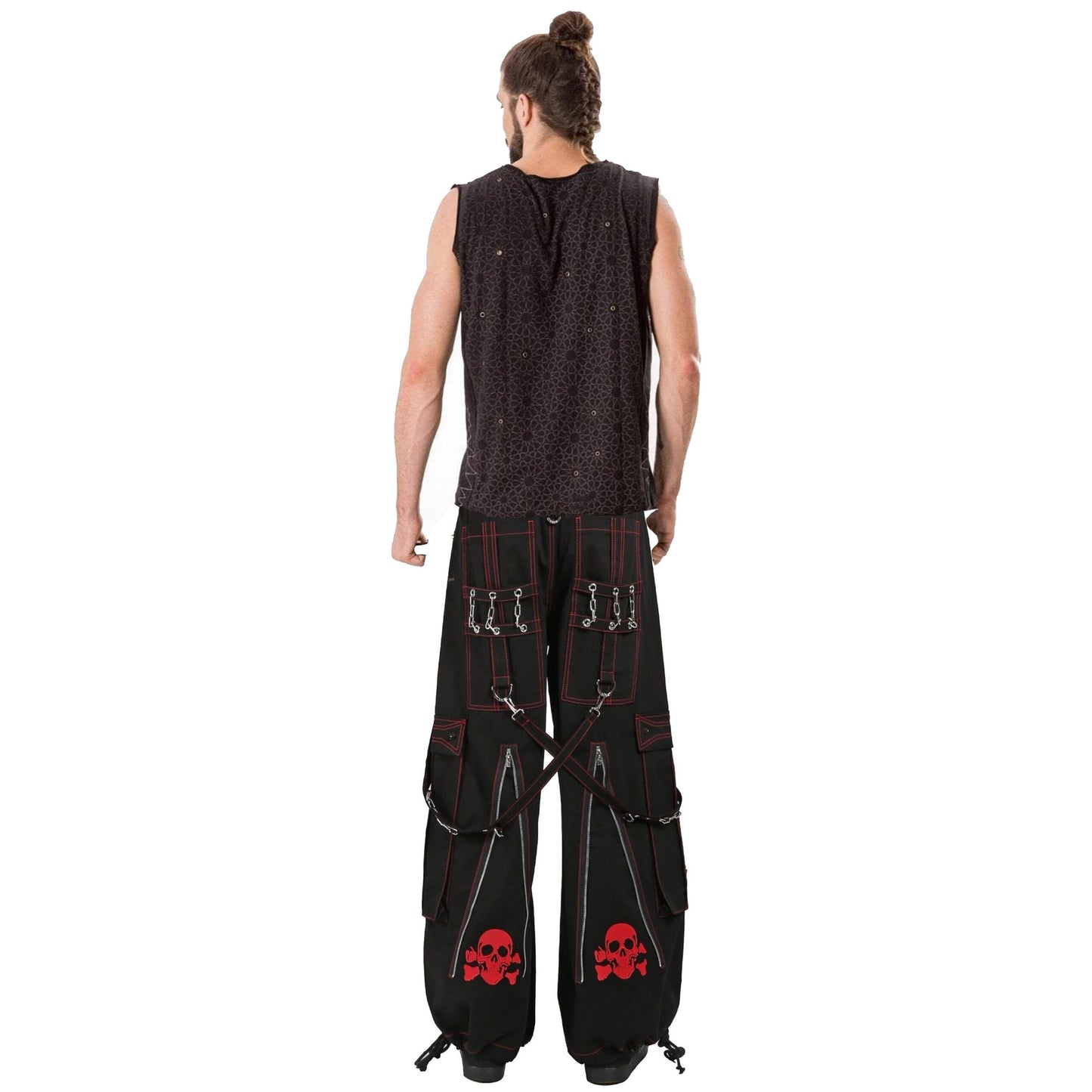 Gothic Mens Black Bondage Red Back Skull Punk Rock Pants Unisex