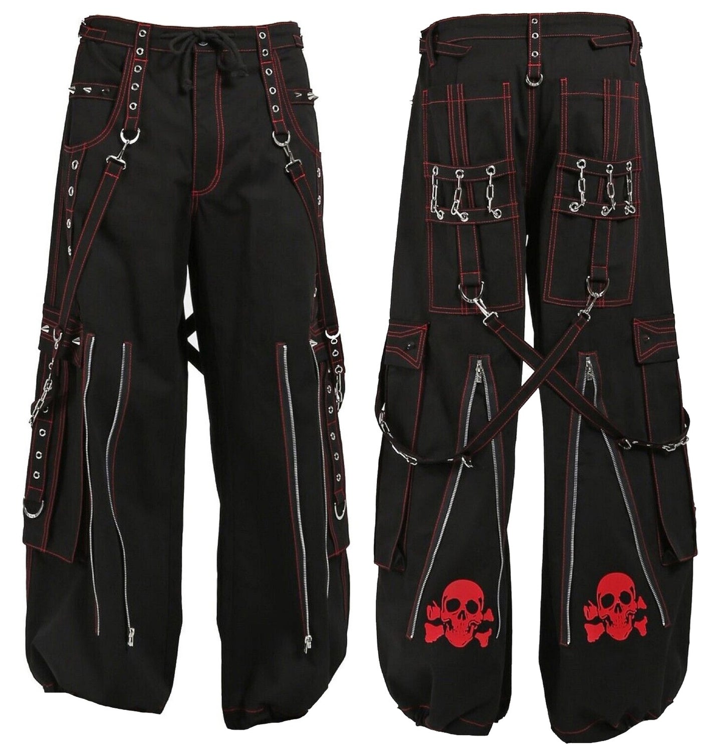 Gothic Mens Black Bondage Red Back Skull Punk Rock Pants Unisex