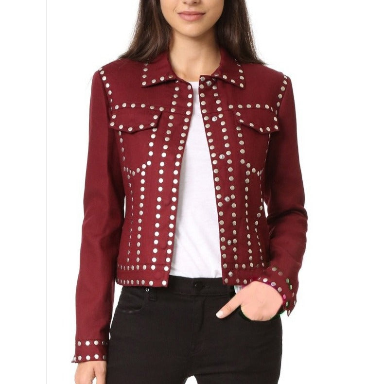 Women Studded Maroon Cotton Jacket