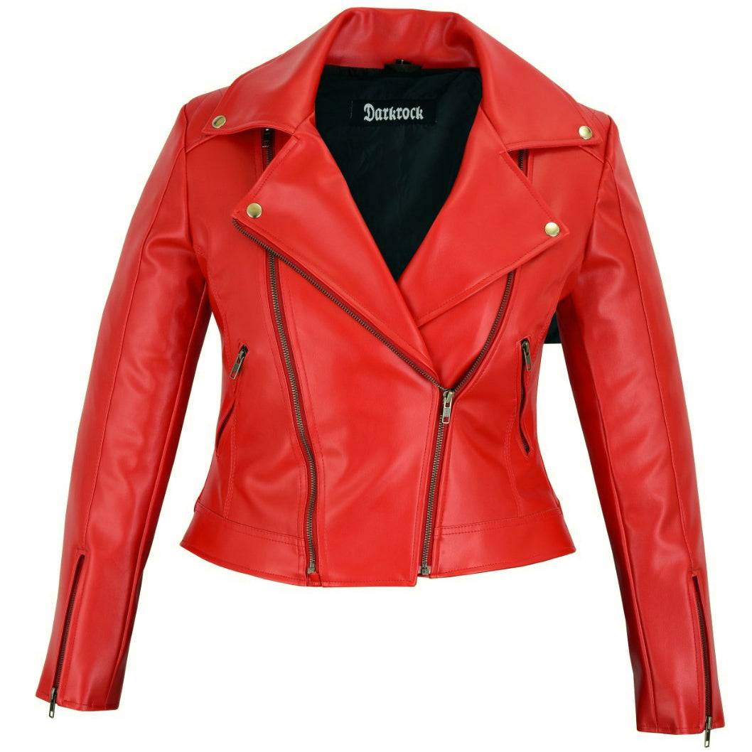 Prime Quality Women Red Slim Fit Biker Style Moto Faux Leather Jacket