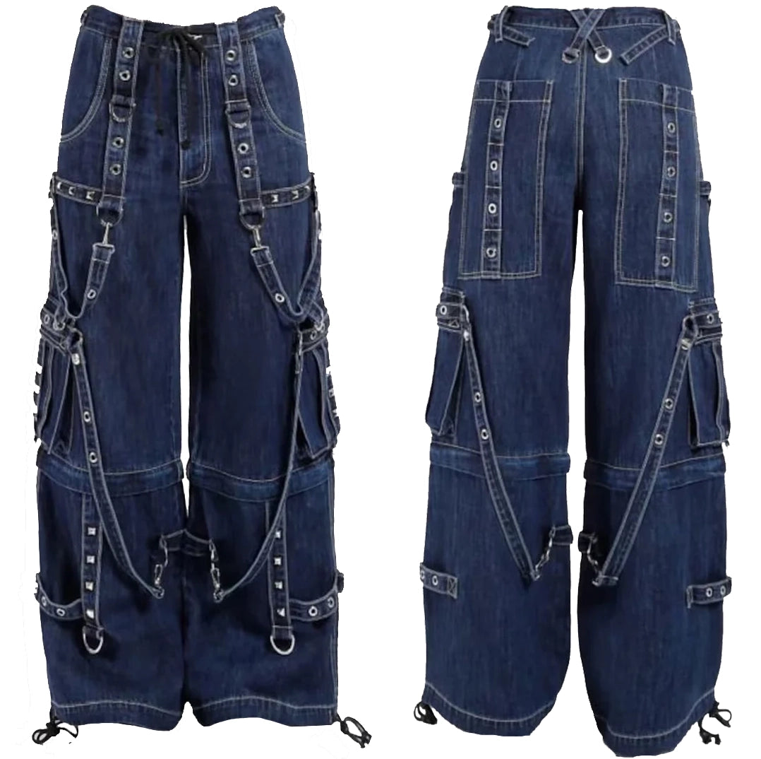 Gothic Blue Jeans Zip Off Pants Punk Buckle Zips Chain Strap Trousers Trip Pant Unisex