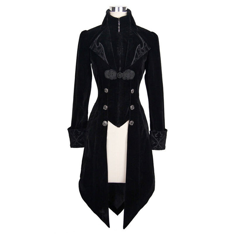 Women’s Steampunk Swallow Tailcoat Gothic Long Winter Black Velvet Coat