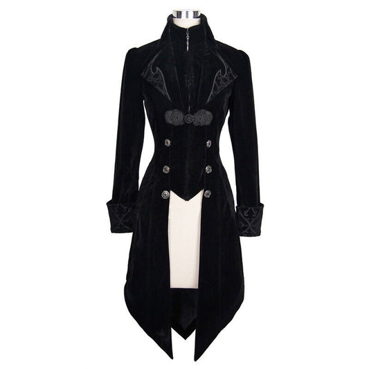 Women’s Steampunk Swallow Tailcoat Gothic Long Winter Black Velvet Coat