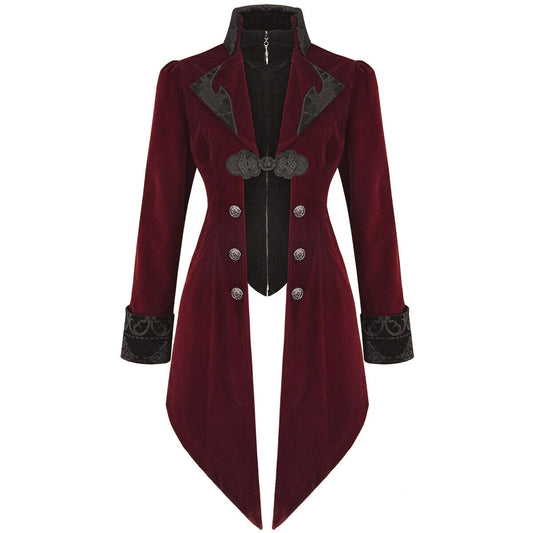 Women’s Steampunk Swallow Tailcoat Gothic Long Winter Burgundy Velvet Coat