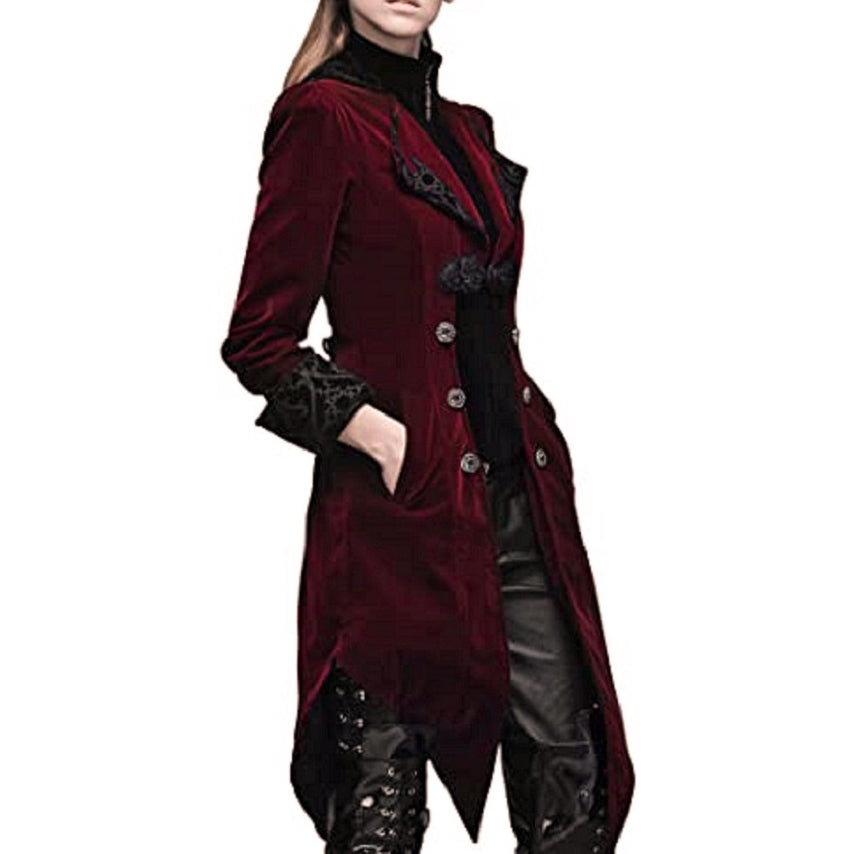 Women’s Steampunk Swallow Tailcoat Gothic Long Winter Burgundy Velvet Coat