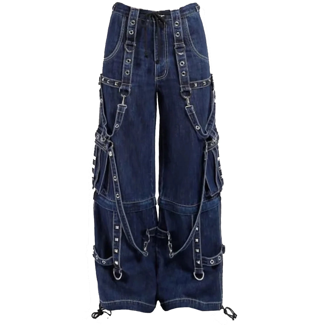 Gothic Blue Jeans Zip Off Pants Punk Buckle Zips Chain Strap Trousers Trip Pant Unisex