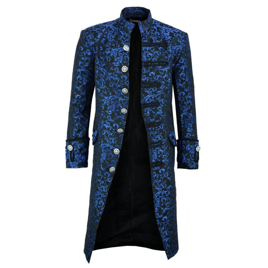 Renaissance Men’s Blue Brocade Goth Steampunk Victorian Velvet Frock Coat