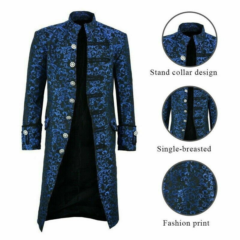 Renaissance Men’s Blue Brocade Goth Steampunk Victorian Velvet Frock Coat