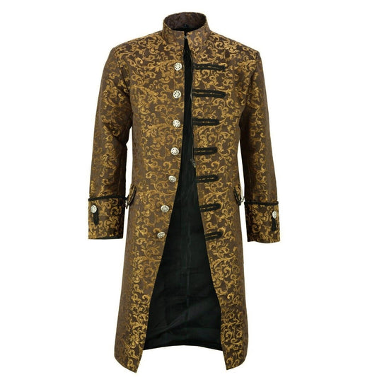 Renaissance Men’s Gold Brocade Goth Steampunk Victorian Velvet Frock Coat