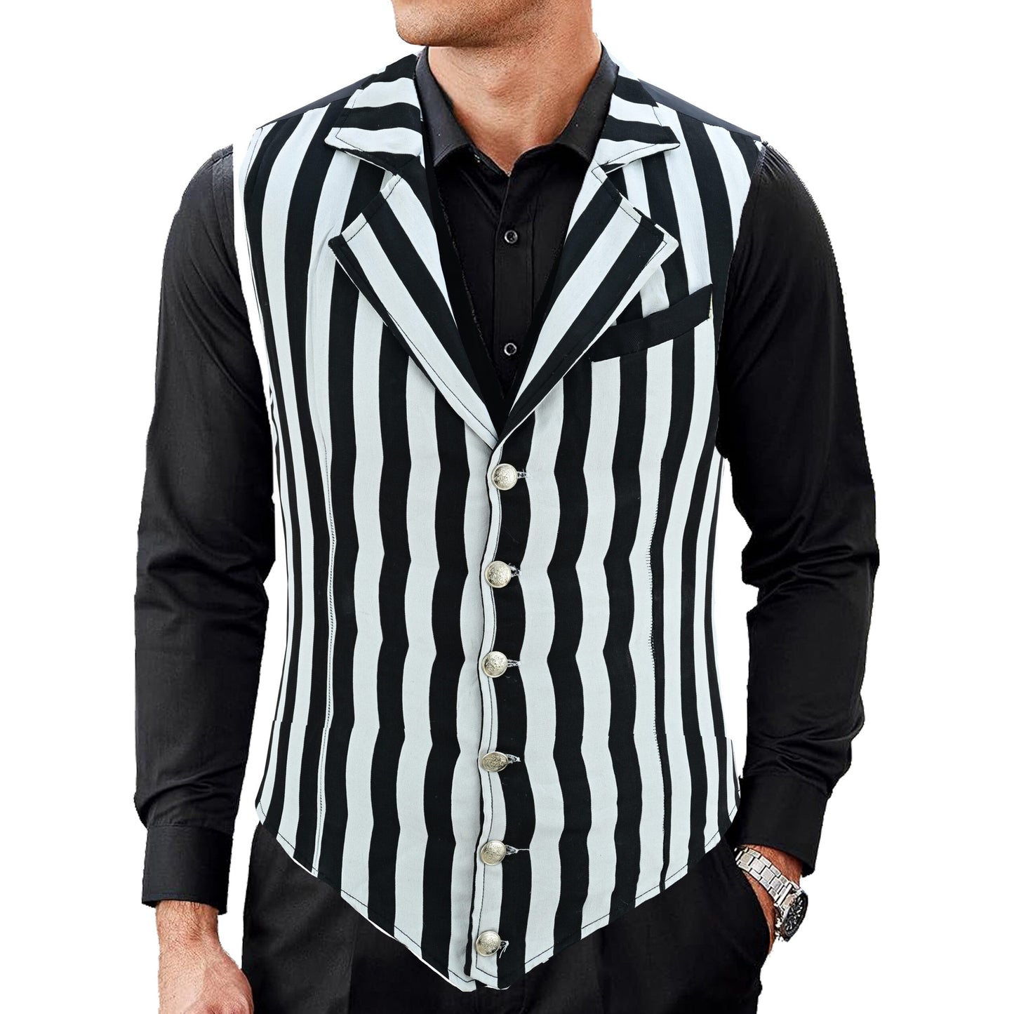 Handmade Black And White Men’s Victorian Suit Gentleman Vest Steampunk Gothic Waistcoat