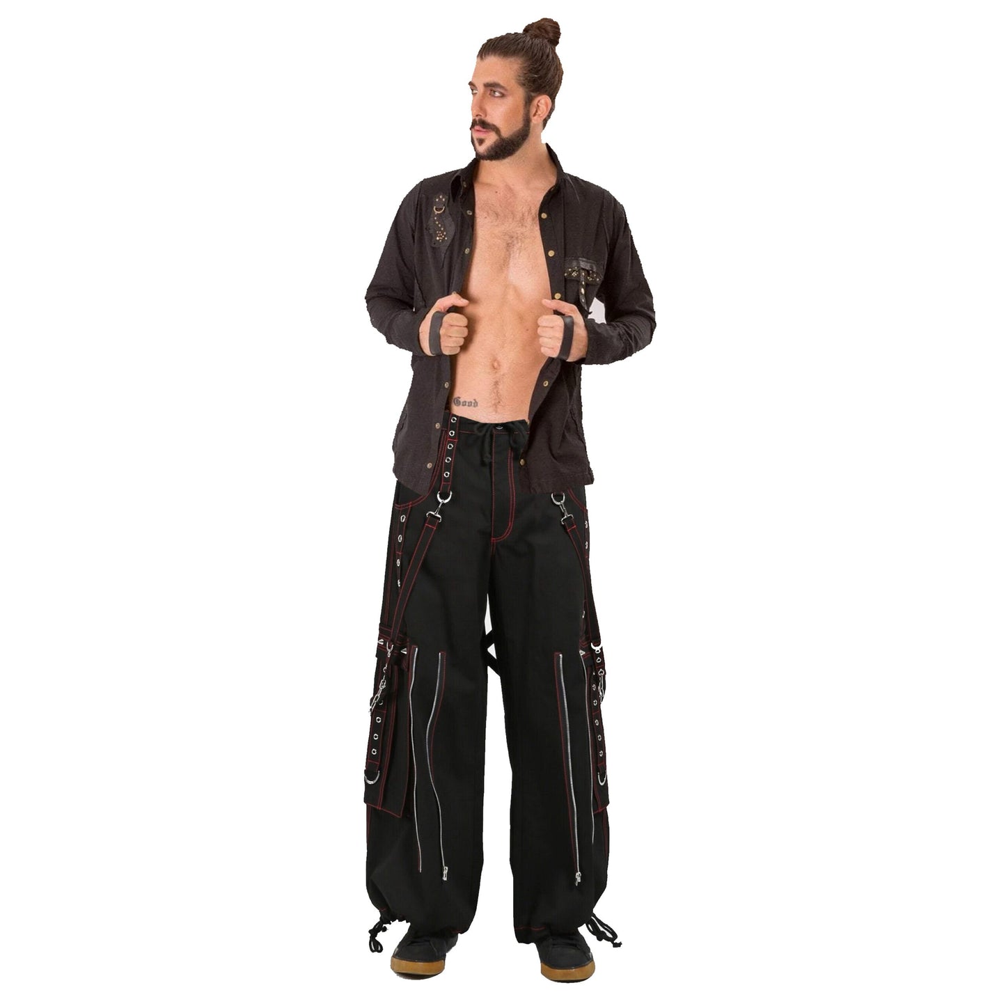 Gothic Mens Black Bondage Red Back Skull Punk Rock Pants Unisex