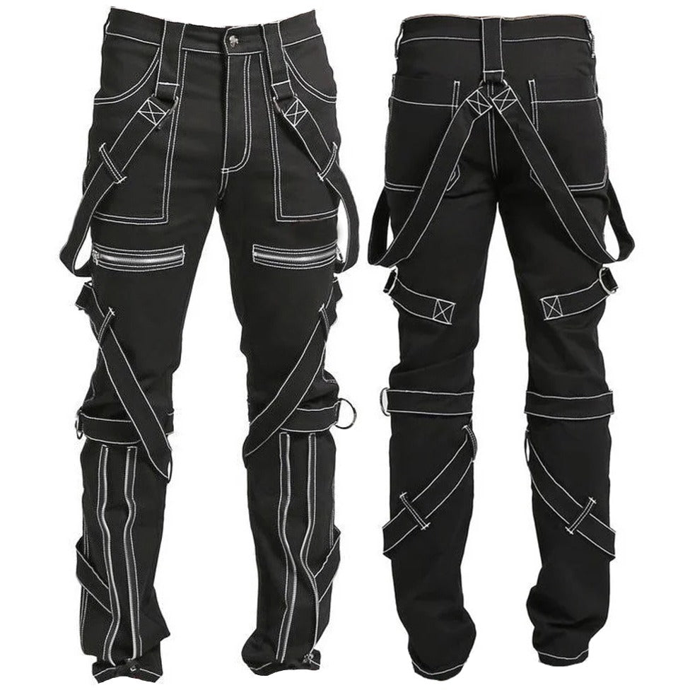 Prime Quality Gothic Straps Zipper Stitch Trousers Punk Rock Studs Metal Chain Trouser Pants Unisex