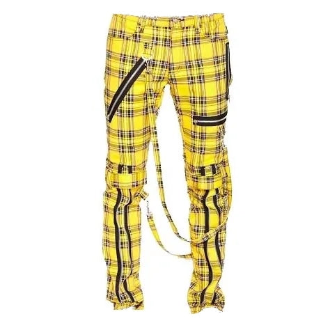 Men Bondage Straps Punk Yellow Plaid Jeans Pant Alternative Rebel Rock Emo Pant Unisex