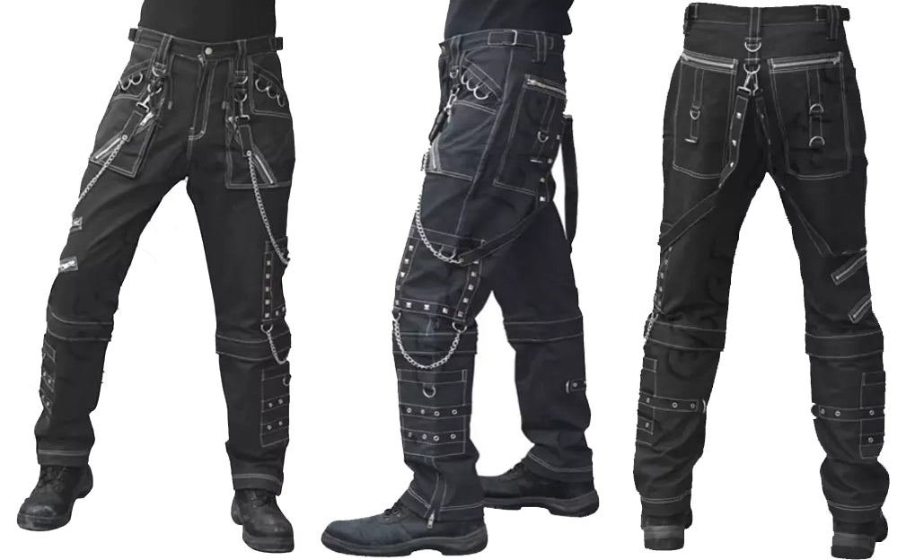 Mens Gothic Black Pant Eyelets Cargo Bondage Trouser Punk Rock Pant Unisex