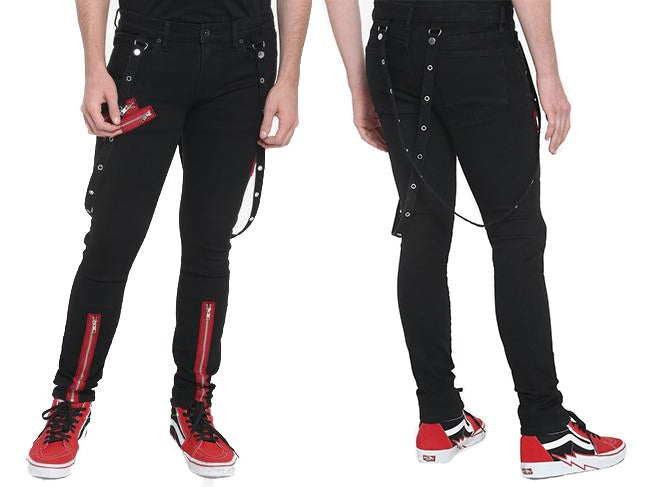 Mens Denim Red Zipper Stinger Jeans with Grommet Suspenders