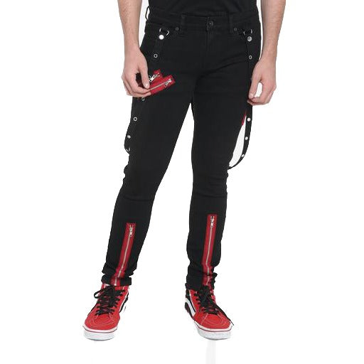 Mens Denim Red Zipper Stinger Jeans with Grommet Suspenders